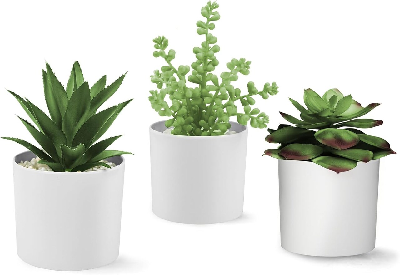 Set of 3 Artificial Succulents in White Pots – Faux Small Potted Plants for Home Decor, Office Desk, Bathroom, Shelf & Modern Tabletop Decoration